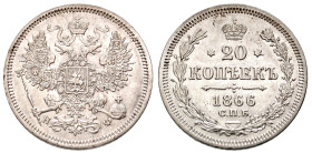 Russia. Alexander II. 1855-1881. AR 20 kopeks. СПБ-НФ, 1866. Crowned double-headed imperial eagle / Crown above value within wreath. UNC. 
