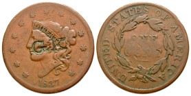 United States. U. S. Government. 1816-1857. AE cent . "Liberty Head Cent ("matron" style)" with personal initials as C/M. Philadelphia Mint, 1827 . LI...