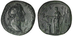 Antoninus Pius (AD 138-161). Rome
AE Sestertius (30mm, 27,96g)
Obv: Laureate head right
Rev: SALVS AVG. Salus, draped, standing left, feeding out o...