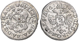 Baden/-Baden. 
Wilhelm 1622-1677. 1/2 Batzen (Albus) 1637 Baden-Baden. Wielandt&nbsp;-&nbsp;vgl.&nbsp;311/314. Min. Zainende. 

 ss+