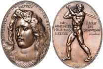 Bayern-Münchener Medailleure. 
Hermann Hahn. 
Ovale Bronzemedaille 1914 auf den Ausbruch des 1. Weltkrieges. 37,5x50,0mm 36,21&nbsp;g. . 

 vz+