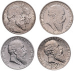 Baden. 
Friedrich I. 1856-1907. Lot von 4 Stücken: 2 Mark 1902 (G) Zum 50-jährigen Regierungsjubiläum, 1906 (G) Zur Goldenen Hochzeit, 1904 G und 190...