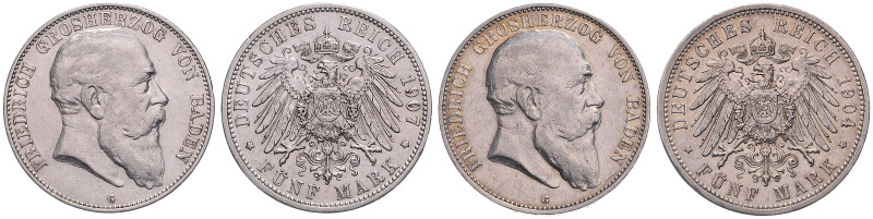 Baden. 
Friedrich I. 1856-1907. Lot von 2 Stücken: 5 Mark 1904 G und 1907 G. Ja...