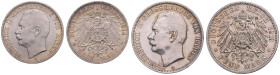 Baden. 
Friedrich I. 1856-1907. Lot von 2 Stücken: 3 Mark 1914 G und 5 Mark 1913 G. Jaeger&nbsp;39,40. . 

 f.vz und ss+