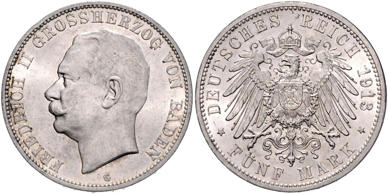 Baden. 
Friedrich II. 1907-1918. 5 Mark 1913 G. Jaeger&nbsp;40. min. Rf., kl.Kr...