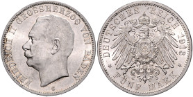 Baden. 
Friedrich II. 1907-1918. 5 Mark 1913 G. Jaeger&nbsp;40. min. Rf., kl.Kr. auf Vs.. 

 vz-st/st