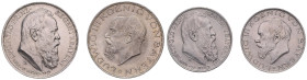 Bayern. 
Luitpold. Lot von 4 Stücken: 2 und 3 Mark 1911 D Zum 90. Geburtstag und zum 25. Regentschaftsjubiläum und 2 u. 3 Mark 1914D. Jaeger&nbsp;48,...