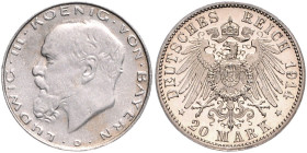 Bayern. 
Ludwig III. 1913-1918. 20 Mark 1914 D Silberprobe der letzten Bayern Goldmünze (wurde nicht mehr ausgegeben). Kopfseite - mattiert, Adlersei...