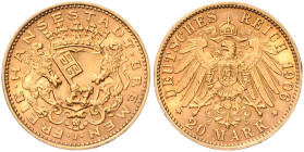 Bremen. 
20 Mark 1906 J. Jaeger&nbsp;205. winz.Rf.. 

 vz
