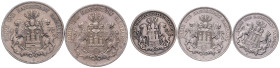 Hamburg. 
Lot von 5 Stücken: 2 Mark 1876 J, 3 Mark 1904 J u. 1914 J und 5 Mark 1876 J u. 1904 J. Jaeger&nbsp;61,62,63,64,65. . 

 s-ss bis ss+