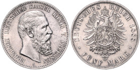 Preußen. 
Friedrich III. 1888. 5 Mark 1888 A. Jaeger&nbsp;99. etwas fleckige Patina. 

 f.vz/vz+