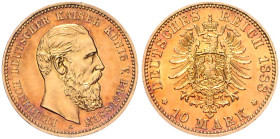 Preußen. 
Friedrich III. 1888. 10 Mark 1888 A. Jaeger&nbsp;247. winz. Rf., hübsche Goldpatina. 

 vz-st