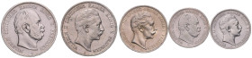 Preußen. 
Wilhelm II. 1888-1918. Lot von 5 Stücken: 2 Mark 1876 A u. 1905 A, 3 Mark 1912 A, 5 Mark 1874 A und 1908 A. Jaeger&nbsp;96,97,102,103,104. ...