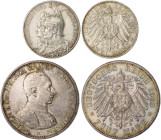 Preußen. 
Wilhelm II. 1888-1918. Lot von 9 Stücken: 2 Mark 1901 (A) 200 Jahre Königreich, 1907 A, 1913 (A) Befreiungskriege, 1913 A Regierungsjubiläu...