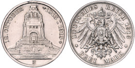 Sachsen. 
Friedrich August III. 1904-1918. 3 Mark 1913 E Zur Jahrhundertfeier der Völkerschlacht bei Leipzig. Jaeger&nbsp;140. kl. Rf., gereinigt. 
...