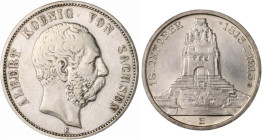 Sachsen. 
Lots. Lot von 7 Stücken: 2 Mark 1905 E, 3 Mark 1909 E und 1913 E zur Jahrhundertfeier der Völkerschlacht bei Leipzig und 5 Mark 1876 E, 190...