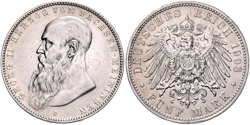 Sachsen/-Meiningen. 
Georg II. 1866-1914. 5 Mark 1908 D. Jaeger&nbsp;153b. winz...