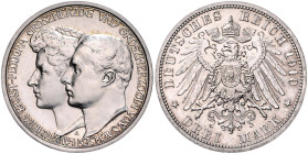 Sachsen/-Weimar-Eisenach. 
Wilhelm Ernst 1901-1918. 3 Mark 1910 A Zur Hochzeit mit Feodora v. Sachsen-Meiningen. Jaeger&nbsp;162. . 

 f.st