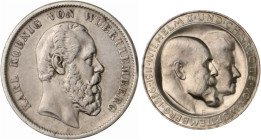 Württemberg. 
Wilhelm II. 1891-1918. Lot von 6 Stücken: 2 Mark 1877 F u. 1907 F, 3 Mark 1911 F Zur Silbernen Hochzeit u. 1912 F und 5 Mark 1876 F u. ...