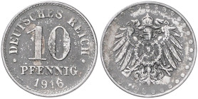 Ersatzmünzen des Ersten Weltkriegs. 
10 Pfennig 1916 o. Mzz. Jaeger&nbsp;298. selten. 

 ss