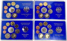 BRD. 
Kursmünzensatz 1974 bestehend aus 4 Original-Kassetten D F G J, je 10,68 DM von 1 Pfennig bis 5 DM, incl. Adenauer und Heuss, letzter Jahrgang ...