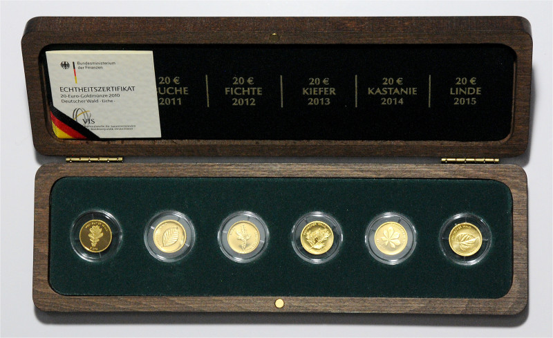 BRD. 
Komplette Serie Goldmünzen bestehend aus 6x 20 Euro Deutscher Wald 2010 J...