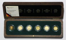 BRD. 
Komplette Serie Goldmünzen bestehend aus 6x 20 Euro Deutscher Wald 2010 J Eiche, 2011 A Buche, 2012 A Fichte, 2013 J Kiefer, 2014 J Kastanie un...
