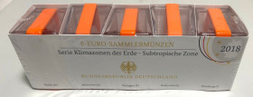 BRD. 
Komplettsatz 2018 von 5 x 5 Euro A D F G J - Serie Klimazonen der Erde - Subtropische Zone, mit orangem Polymerring. Original verpackt und eing...