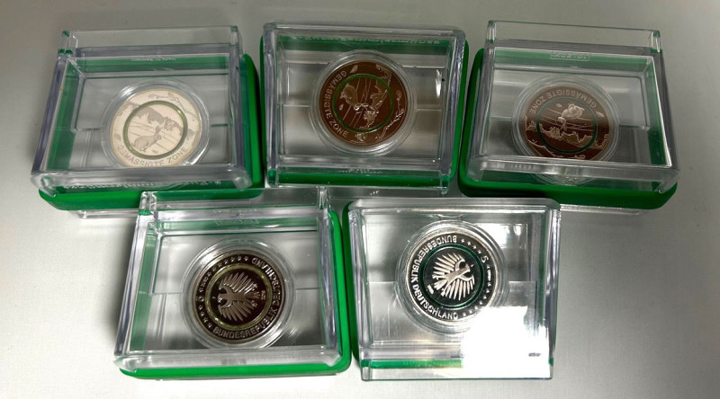 BRD. 
Komplettsatz 2019 von 5 x 5 Euro A D F G J - Serie Klimazonen der Erde - ...