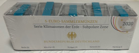 BRD. 
Komplettsatz 2020 von 5 x 5 Euro A D F G J - Serie Klimazonen der Erde - Subpolare Zone, mit türkisem Polymerring. Original verpackt und einges...