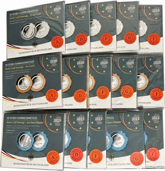 BRD. 
Lot von 15 Sonderprägungen 10 Euro mit Polymerring aus der Serie 'Luft be...