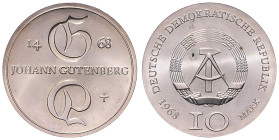 DDR. 
10 Mark 1968 A Zum 500. Todestag von Johannes Gutenberg. Jaeger&nbsp;1523. kl. Patinafleck a. Rs.. 

 st