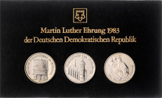 DDR. 
Münzsatz 1983 bestehend aus 3x 5 Mark 1983, mit Eisleben, Wittenberg und Wartburg, anlässlich der Martin Luther Ehrung. Jaeger&nbsp;1586,1588,1...
