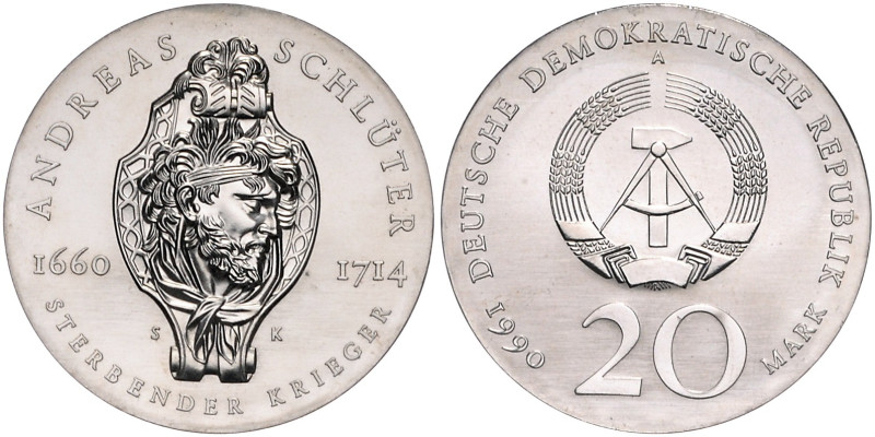 DDR. 
20 Mark 1990 A Zum 275. Todestag von Andreas Schlüter. Jaeger&nbsp;1634. ...