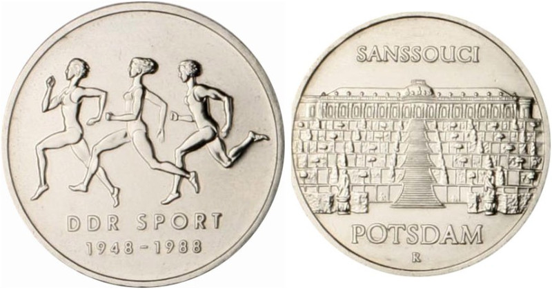 DDR. 
Lot von 9 Stücken: 5 Mark 1969, 1986, 1986, 10 Mark 1978,1978, 1981,1988,...