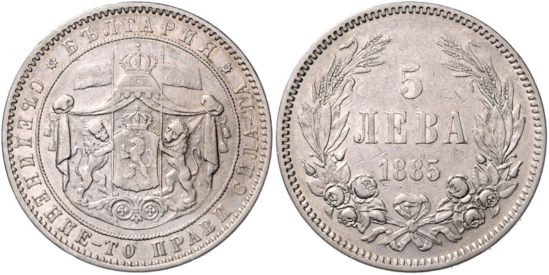 Bulgarien. 
Alexander I. 1879-1886. 5 Leva 1885. K.M.&nbsp;7. . 

 ss