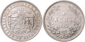 Bulgarien. 
Alexander I. 1879-1886. 5 Leva 1885. K.M.&nbsp;7. . 

 ss