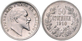 Bulgarien. 
Ferdinand 1887-1918. 50 Stotinki 1910 Kremnitz , Büste nach rechts. K.M.&nbsp;27. besserer Einzeljahrgang. 

 f.vz/vz