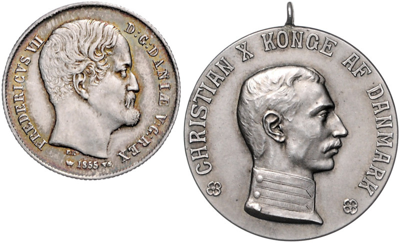 Dänemark. 
Frederik VII. 1848-1863. Lot von 2 Stücken: 1/2 Rigsdaler 1855 VS un...