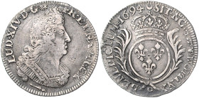 Frankreich. 
Ludwig XIV. 1643-1715. 1/4 Ecu aux palmes 1694 P - Dijon. Gadoury&nbsp;152. leichte Überprägungsspuren. 

 ss
