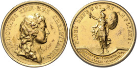 Frankreich. 
Ludwig XIV. 1643-1715. Vergoldete Bronzemedaille 1657 (v. Mauger) auf die Einnahme von Saint-Venant und Mardyck. Divo&nbsp;47. 40,9&nbsp...