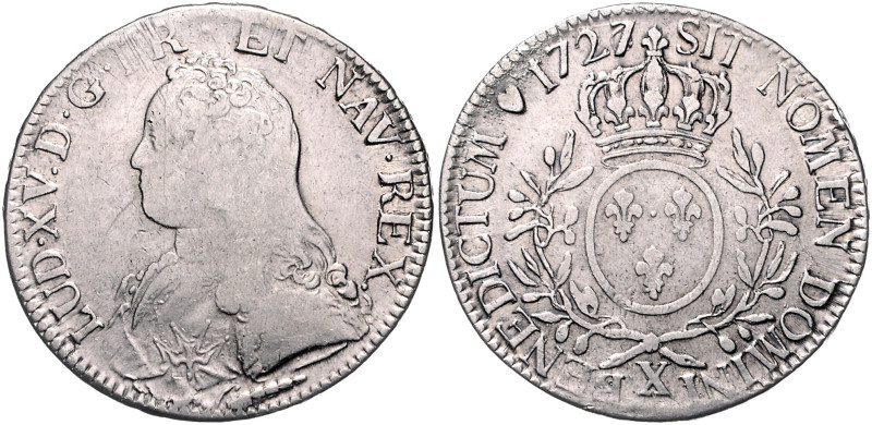 Frankreich. 
Ludwig XV. 1715-1774. Ecu aux lauriers 1727 X- Amiens. Davenport&n...