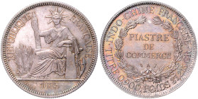 Französische Kolonien-Indochina. 
Piastre de Commerce 1885 A. Lecompte&nbsp;266. hübsche Patina. 

 vz+/vz-st
