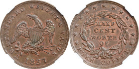 1837 Half Cent. HT-73, Low-49, W-11-710a. Rarity-1. Copper. Plain Edge. MS-63 BN (NGC).

23.5 mm.
