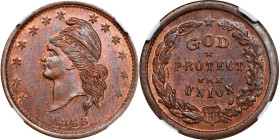 1863 French Liberty Head / GOD PROTECT THE UNION. Fuld-5/288 a. Rarity-2. Copper. Plain Edge. MS-66 RB (NGC).

19 mm.

From the Knohl Collection.