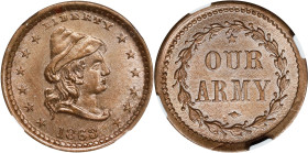 1863 Conical Cap Head / OUR ARMY. Fuld-45/332 d. Rarity-6. Copper-Nickel. Plain Edge. MS-66 (NGC).

19 mm.

From the Knohl Collection.