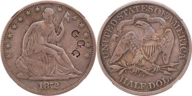 G.G.G on the obverse of an 1872-CC Liberty Seated Half Dollar. Brunk-Unlisted, Rulau-Unlisted. VG Details (NGC).

PCGS# 6334. NGC ID: 24K8.