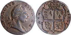 1773 Virginia Halfpenny. Newman 8-H, W-1490. Rarity-4. No Period After GEORGIVS, 7 Harp Strings. EF-45 (PCGS).

PCGS# 243. NGC ID: 2ATL.