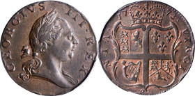 1773 Virginia Halfpenny. Newman 13-T, W-1495. Rarity-6. No Period After GEORGIVS, 7 Harp Strings. AU-50 (PCGS).

This lot includes clipped Photo-Cer...