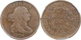 1805 Draped Bust Half Cent. C-1. Rarity-1. Medium 5, Stemless Wreath. VF Details--Cleaned (CACG).

PCGS# 1081. NGC ID: 222H.